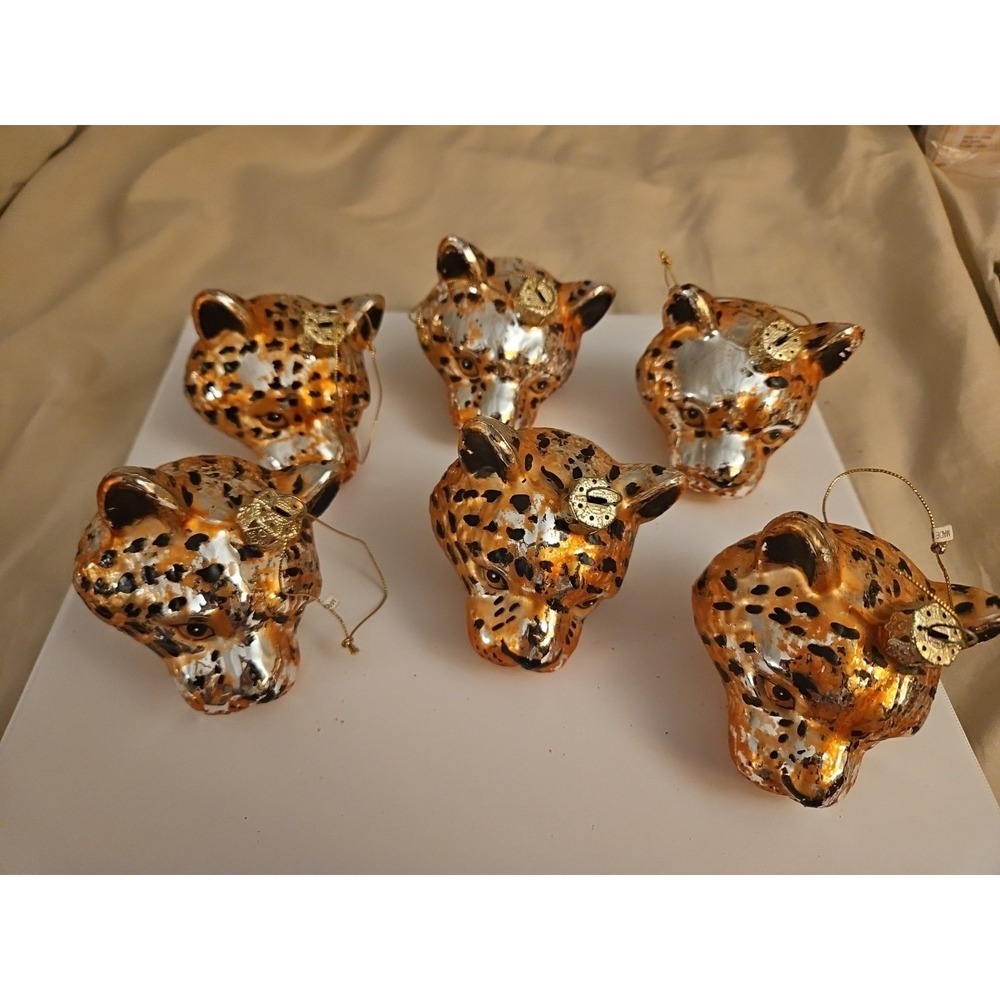Lot of 6 Glass Cheetah Head Christmas Ornaments / Discovery Channel (87)